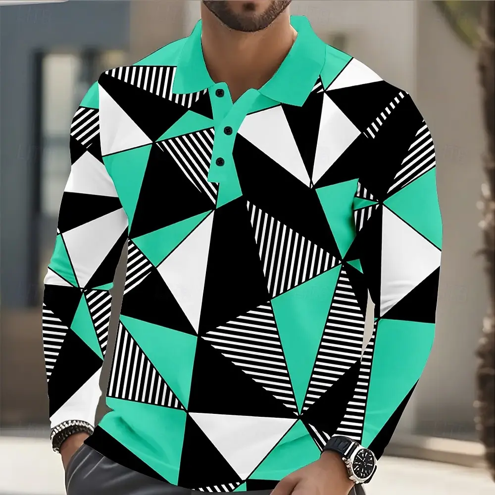 Men's Abstract Geometic Long Sleeve Polo Shirt Breathable Casual Tops Slim Fit Quick Dry Classic Collar Multi Colors Fall Winter