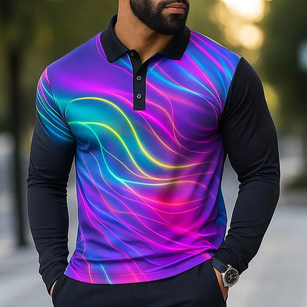 2025 Men's Geometic Line Long Sleeve Polo Shirt Breathable Business Casual Top Slim Fit Quick Dry Multi Colors Fall Winter