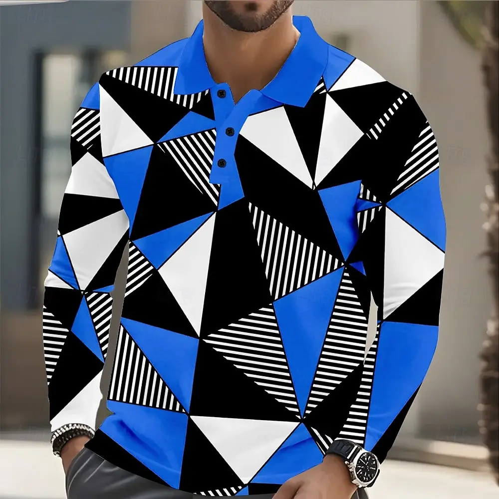 Men's Abstract Geometic Long Sleeve Polo Shirt Breathable Casual Tops Slim Fit Quick Dry Classic Collar Multi Colors Fall Winter