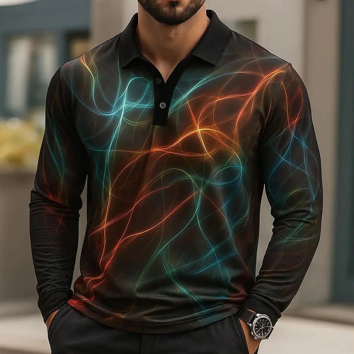 2025 Men's Geometic Line Long Sleeve Polo Shirt Breathable Business Casual Top Slim Fit Quick Dry Multi Colors Fall Winter