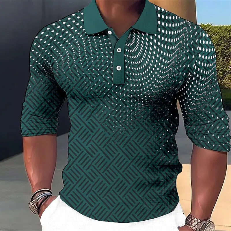Men's Geometic Line Long Sleeve Polo Shirts Breathable Casual Geometic Dot Tops Slim Fit Quick Dry Classic Collar Multi Color