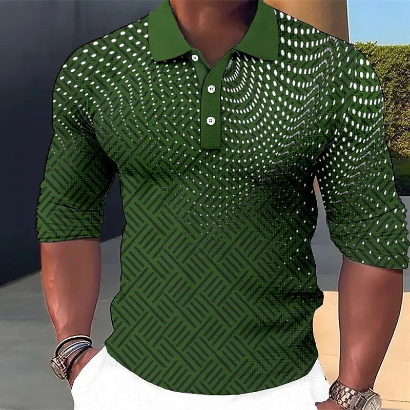 Men's Geometic Line Long Sleeve Polo Shirts Breathable Casual Geometic Dot Tops Slim Fit Quick Dry Classic Collar Multi Color