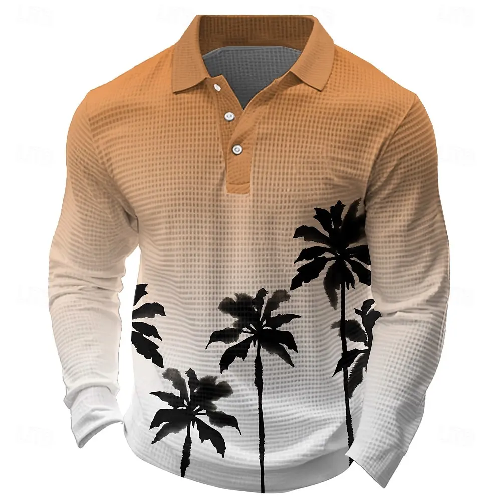 Men's Tropical Flowers Long Sleeve Polo Shirt Breathable Casual Top Slim Fit Quick Dry Classic Collar Multi Colors Fall Winter