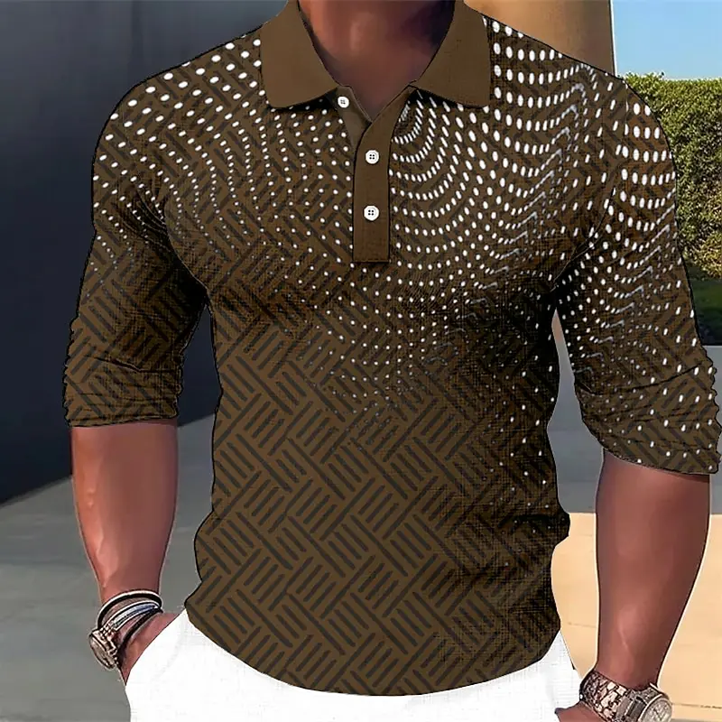 Men's Geometic Line Long Sleeve Polo Shirts Breathable Casual Geometic Dot Tops Slim Fit Quick Dry Classic Collar Multi Color