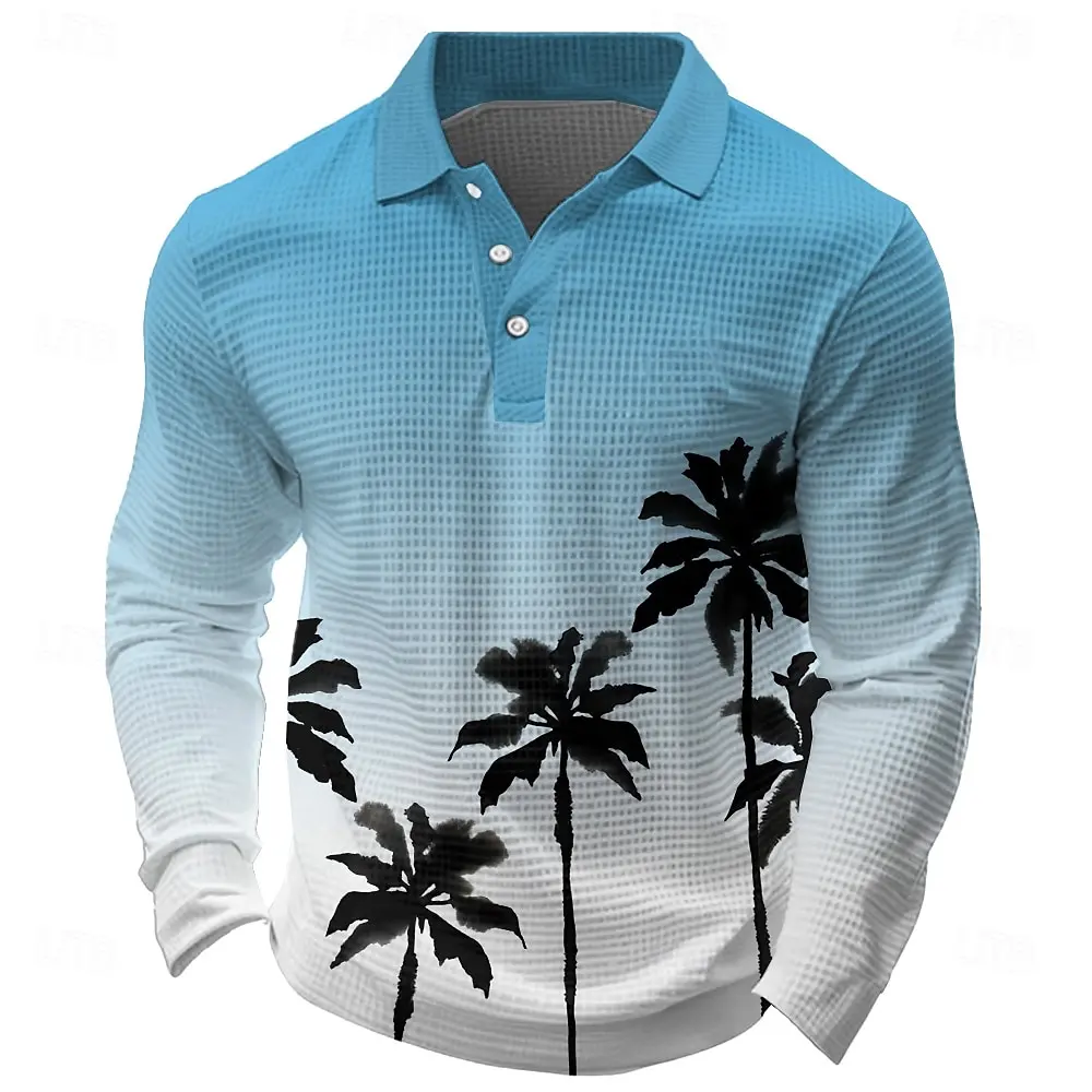 Men's Tropical Flowers Long Sleeve Polo Shirt Breathable Casual Top Slim Fit Quick Dry Classic Collar Multi Colors Fall Winter