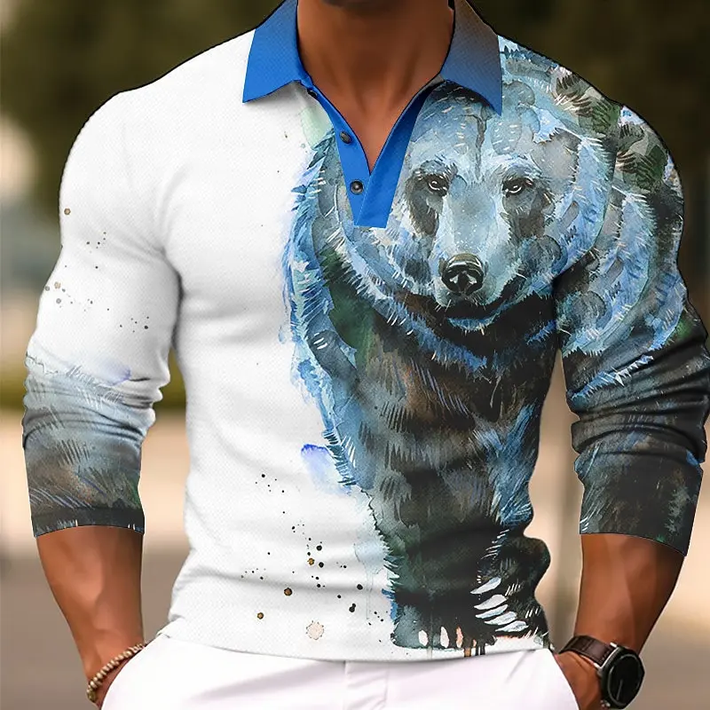 Men's Bear Animal Long Sleeve Polo Shirt Breathable Casual Top Slim Fit Quick Dry Classic Collar Multi Colors Men Clothing