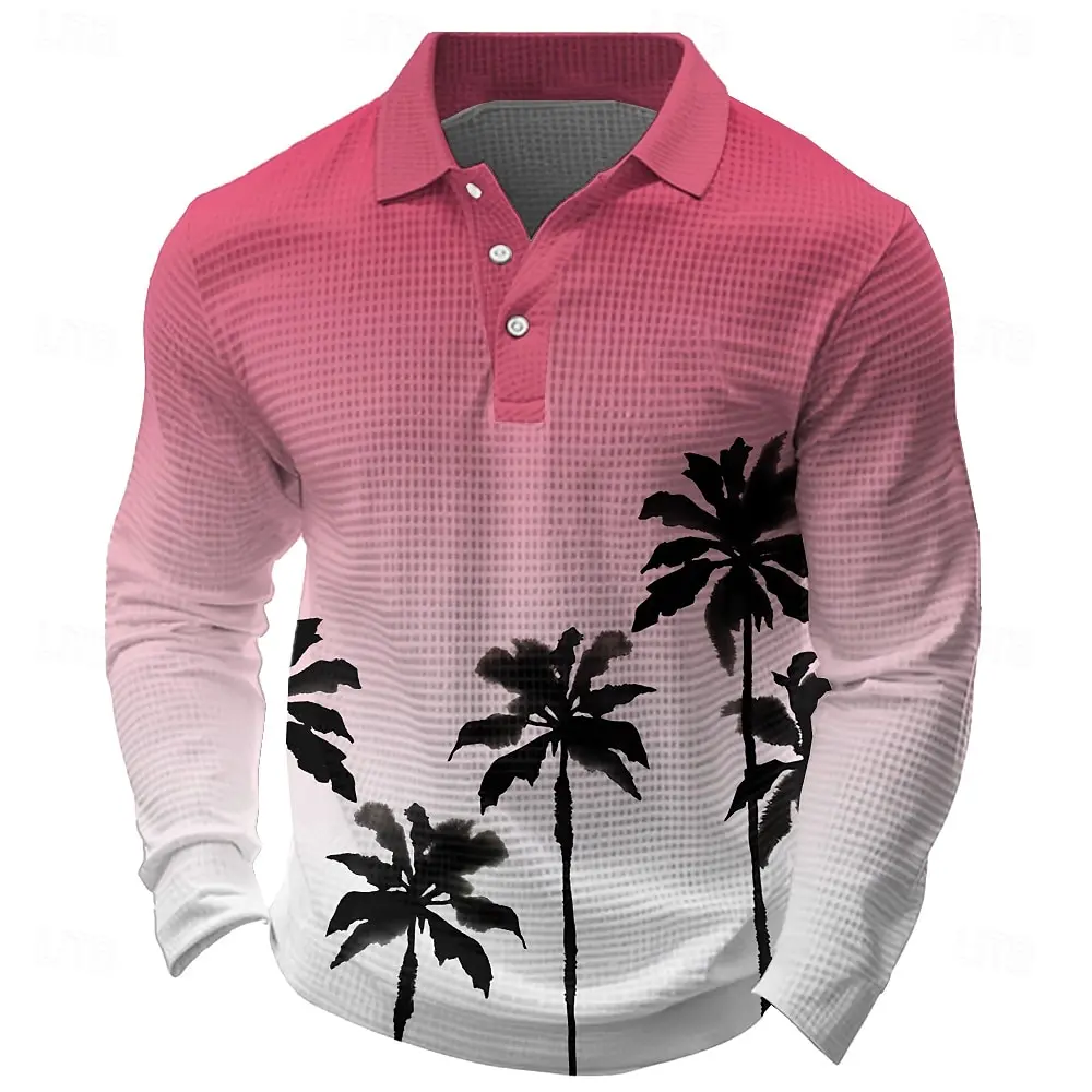 Men's Tropical Flowers Long Sleeve Polo Shirt Breathable Casual Top Slim Fit Quick Dry Classic Collar Multi Colors Fall Winter