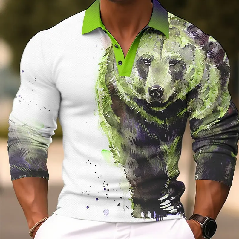 Men's Bear Animal Long Sleeve Polo Shirt Breathable Casual Top Slim Fit Quick Dry Classic Collar Multi Colors Men Clothing