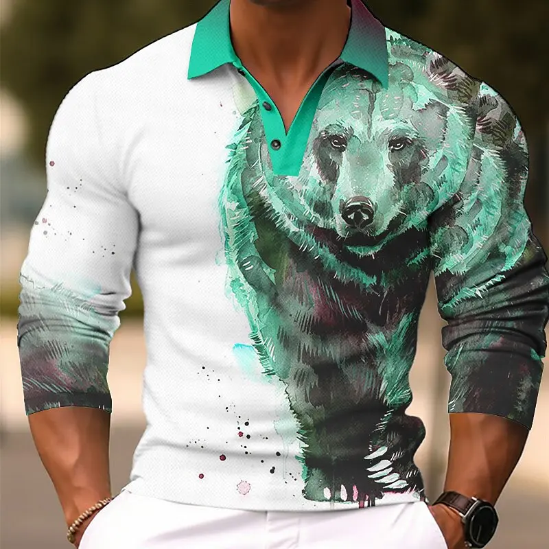 Men's Bear Animal Long Sleeve Polo Shirt Breathable Casual Top Slim Fit Quick Dry Classic Collar Multi Colors Men Clothing
