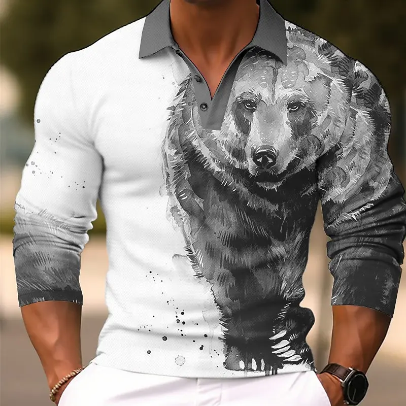 Men's Bear Animal Long Sleeve Polo Shirt Breathable Casual Top Slim Fit Quick Dry Classic Collar Multi Colors Men Clothing