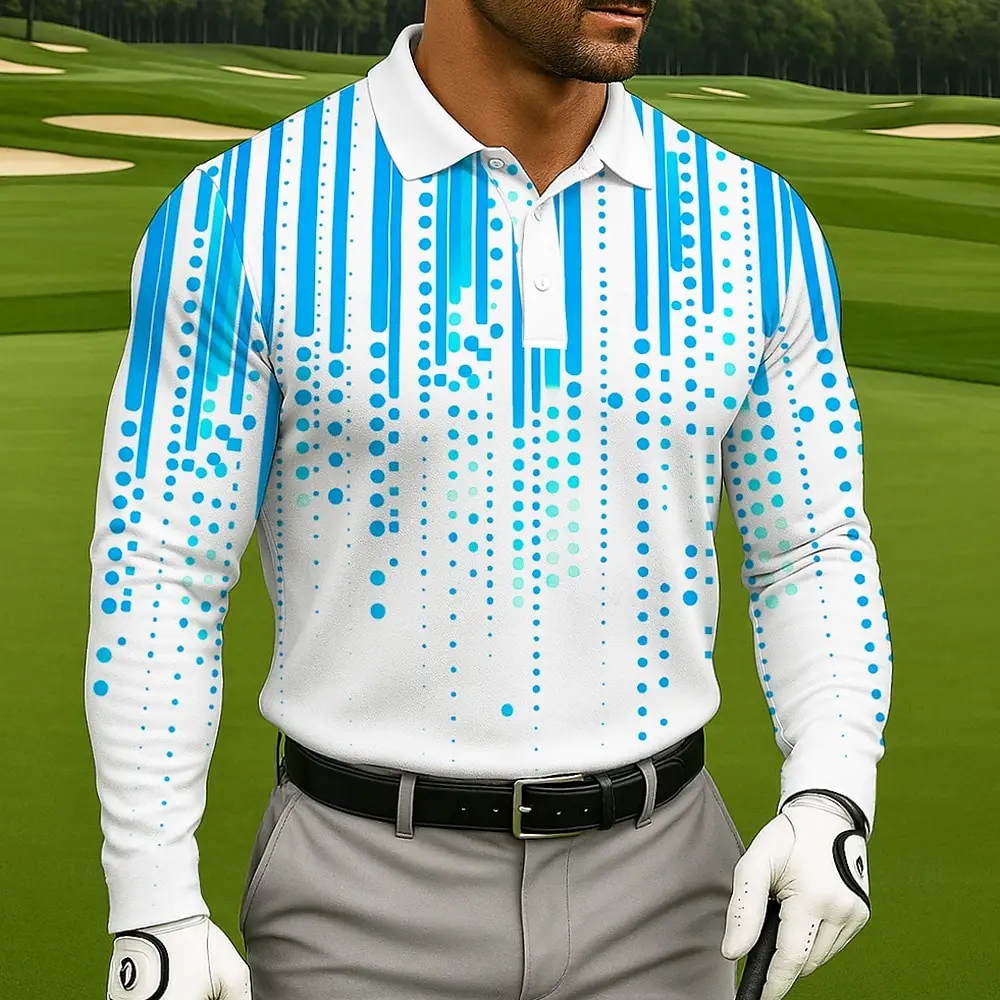 Fall Winter Men's Polka Dot Long Sleeve Polo Shirt Breathable Casual Tops Slim Fit Quick Drying Classic Collar Polo Shirts