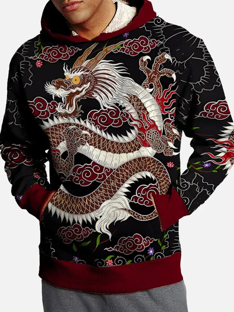Japanese Ukiyo-e Men's Fashion 3D Print Dragon Hoodie Outdoor Hoodies Hooded Print Front Pocket Fall Designer Hoodies Sweatshirt
