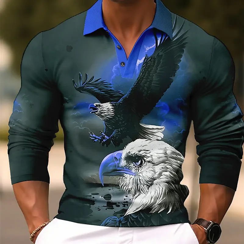 Men's Eagle Animal Long Sleeve Polo Shirt Breathable Casual Top Slim Fit Quick Dry Classic Collar Multi Colors Men's Clothing