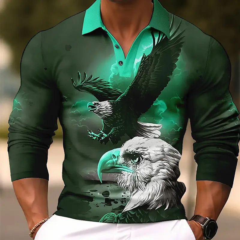 Men's Eagle Animal Long Sleeve Polo Shirt Breathable Casual Top Slim Fit Quick Dry Classic Collar Multi Colors Men's Clothing