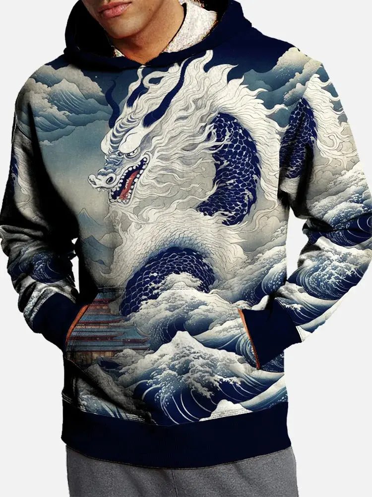 Japanese Ukiyo-e Men's Fashion 3D Print Dragon Hoodie Outdoor Hoodies Hooded Print Front Pocket Fall Designer Hoodies Sweatshirt