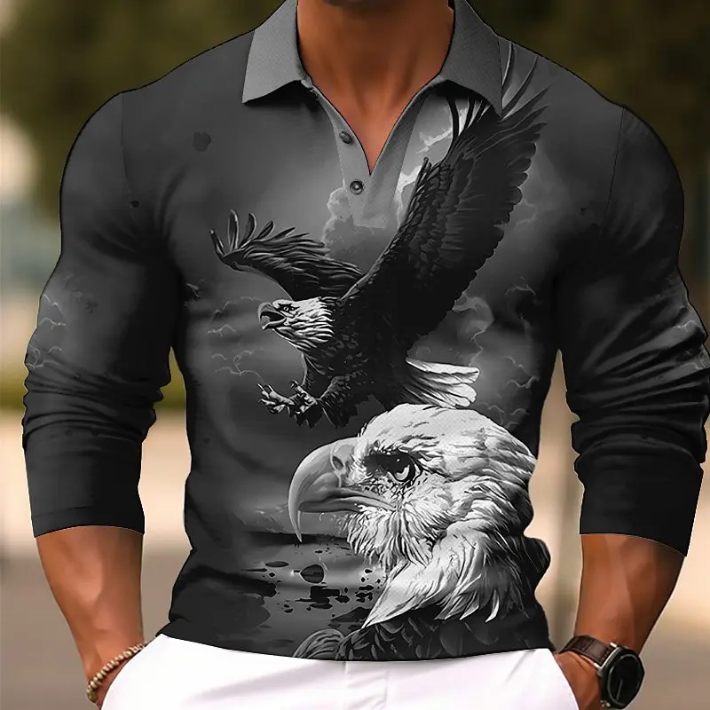 Men's Eagle Animal Long Sleeve Polo Shirt Breathable Casual Top Slim Fit Quick Dry Classic Collar Multi Colors Men's Clothing