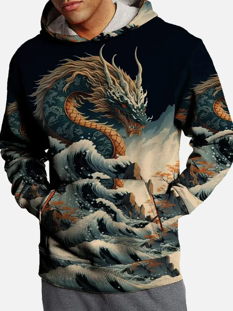 Japanese Ukiyo-e Men's Fashion 3D Print Dragon Hoodie Outdoor Hoodies Hooded Print Front Pocket Fall Designer Hoodies Sweatshirt