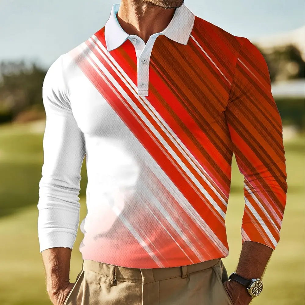 Fall Winter Men's Abstract Geometic Long Sleeve Polo Shirt Breathable Casual Top Slim Fit Quick Dry Classic Collar Multi Colors
