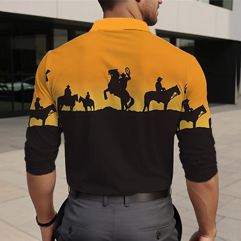 Vintage Men's Cowboy Long Sleeve Polo Shirt Breathable Casual Top Slim Fit Quick Dry Classic Collar Multi Colors Men's Clothing