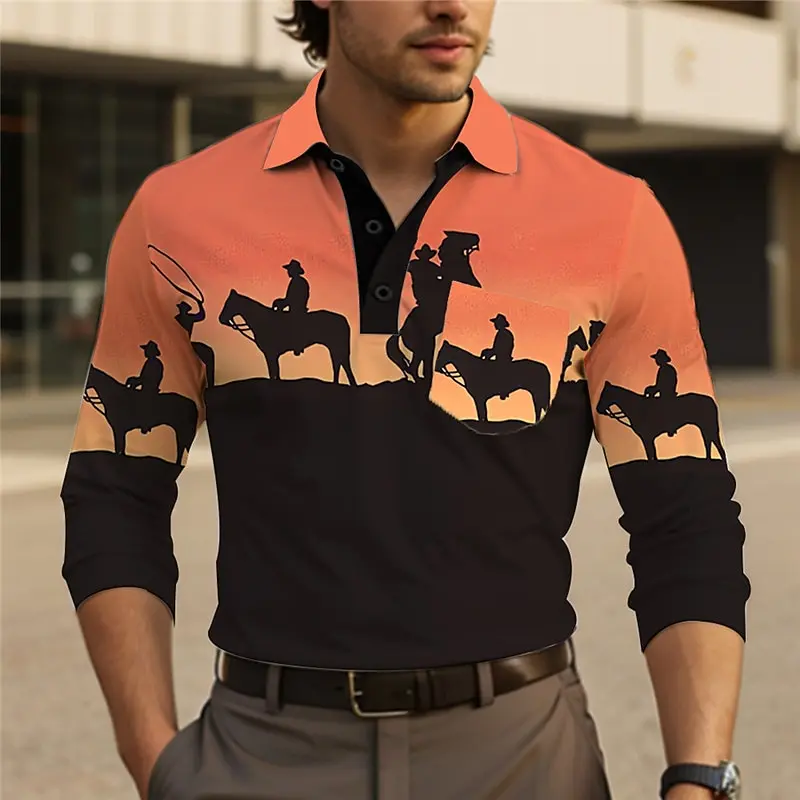Vintage Men's Cowboy Long Sleeve Polo Shirt Breathable Casual Top Slim Fit Quick Dry Classic Collar Multi Colors Men's Clothing