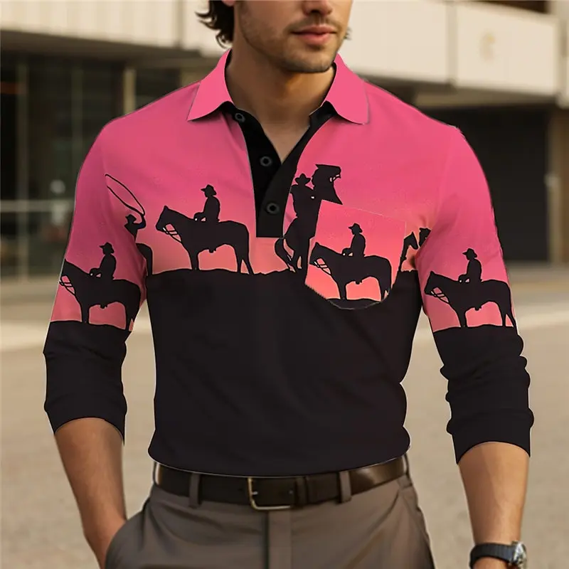 Vintage Men's Cowboy Long Sleeve Polo Shirt Breathable Casual Top Slim Fit Quick Dry Classic Collar Multi Colors Men's Clothing