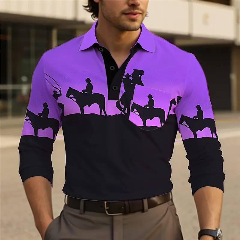 Vintage Men's Cowboy Long Sleeve Polo Shirt Breathable Casual Top Slim Fit Quick Dry Classic Collar Multi Colors Men's Clothing
