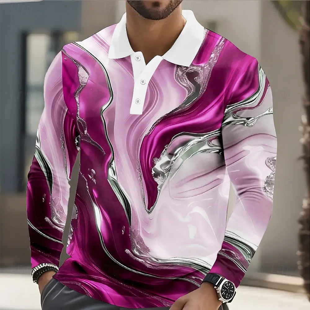 Men's Geometic Line Long Sleeve Polo Shirt Breathable Casual Geometic Marble Tops Slim Fit Quick Dry Classic Collar Multi Color
