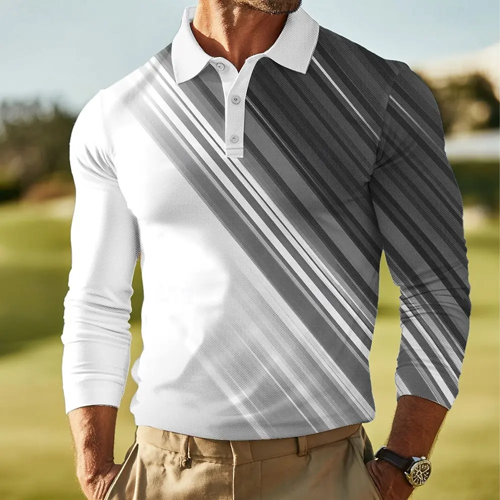 Fall Winter Men's Abstract Geometic Long Sleeve Polo Shirt Breathable Casual Top Slim Fit Quick Dry Classic Collar Multi Colors