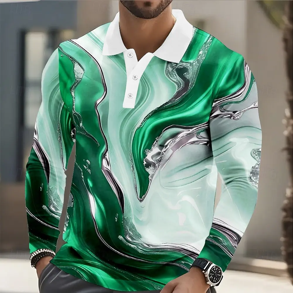 Men's Geometic Line Long Sleeve Polo Shirt Breathable Casual Geometic Marble Tops Slim Fit Quick Dry Classic Collar Multi Color