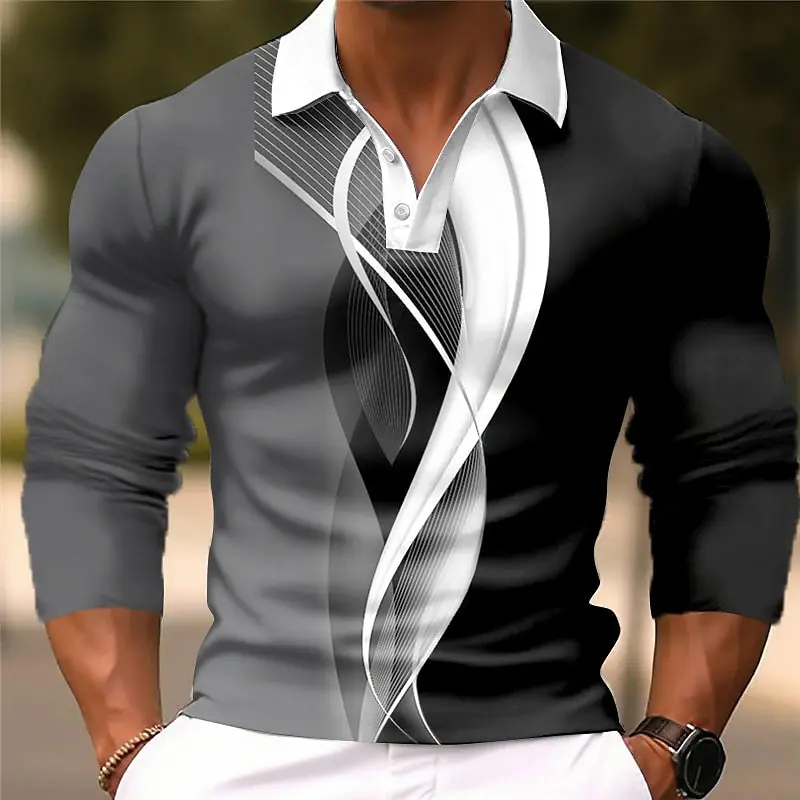 2025 Men's Geometic Long Sleeved Polo Shirts Breathable Casual Tops Slim Fit Quick Dry Classic Collar Multi Color Simple Designs
