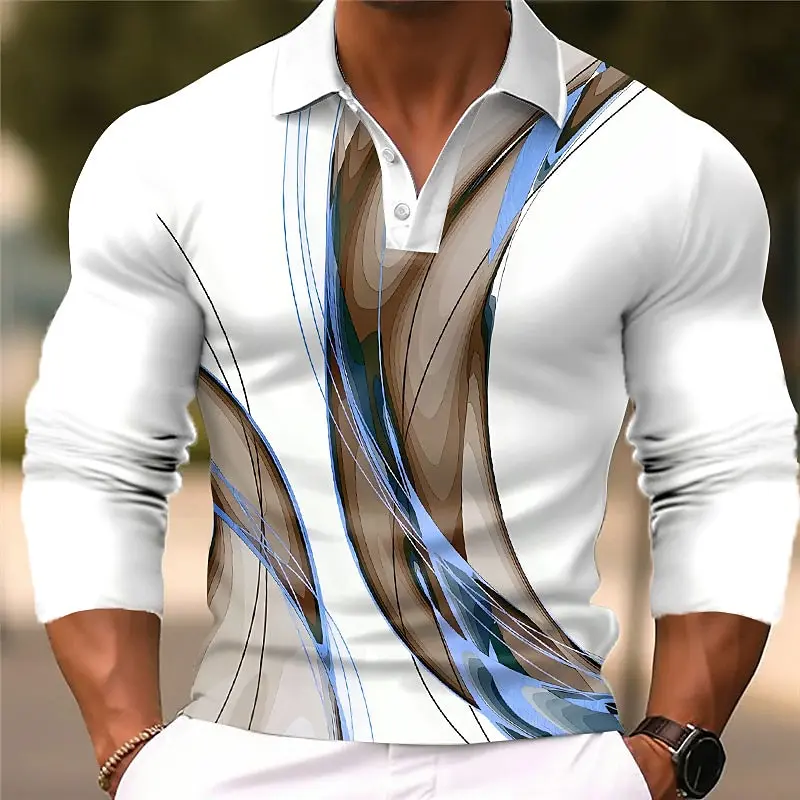 2025 Men's Geometic Long Sleeved Polo Shirts Breathable Casual Tops Slim Fit Quick Dry Classic Collar Multi Color Simple Designs