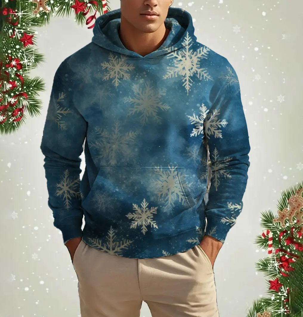 Fashion Hoodies For Men Christmas Snowflake Pattern 3D Printed Tops Autumn Winter Long Sleeved Oversized Christmas Theme Hooded