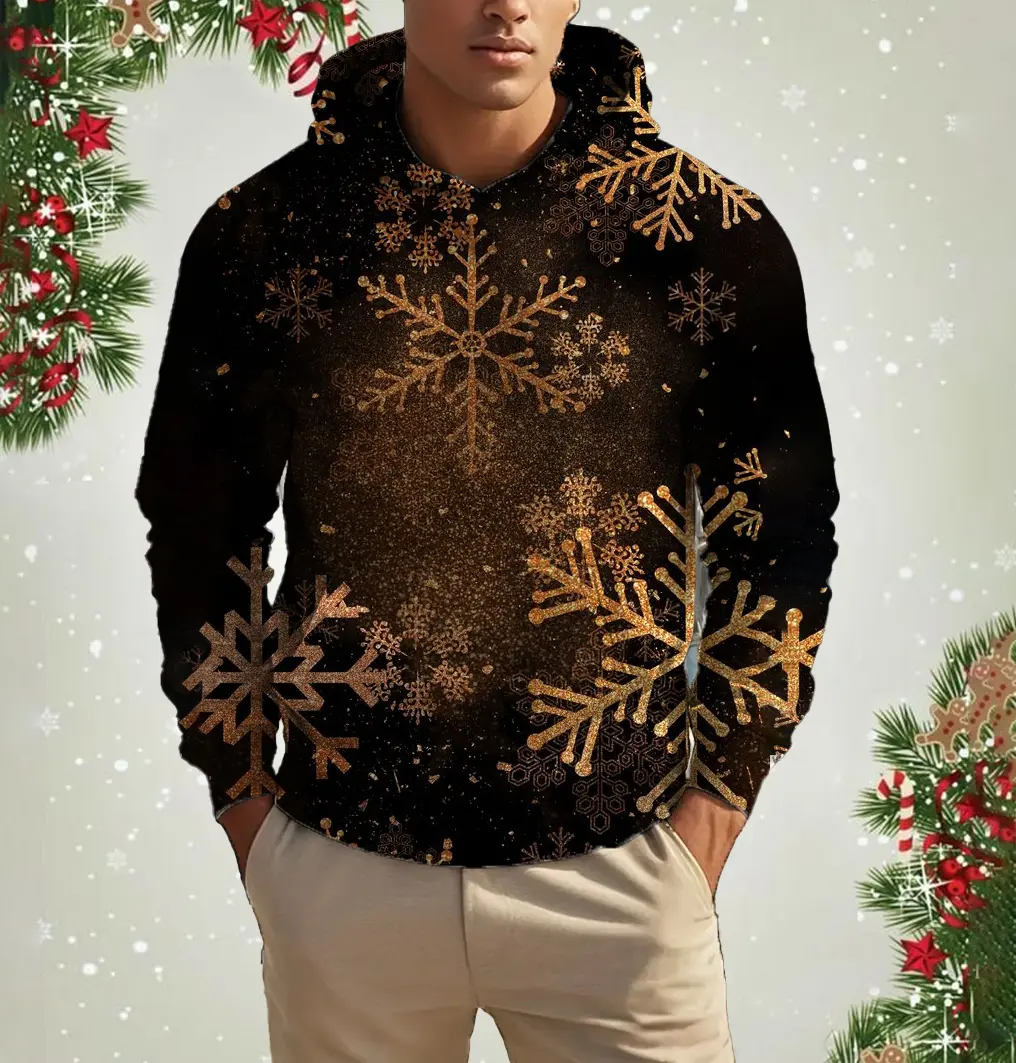 Fashion Hoodies For Men Christmas Snowflake Pattern 3D Printed Tops Autumn Winter Long Sleeved Oversized Christmas Theme Hooded