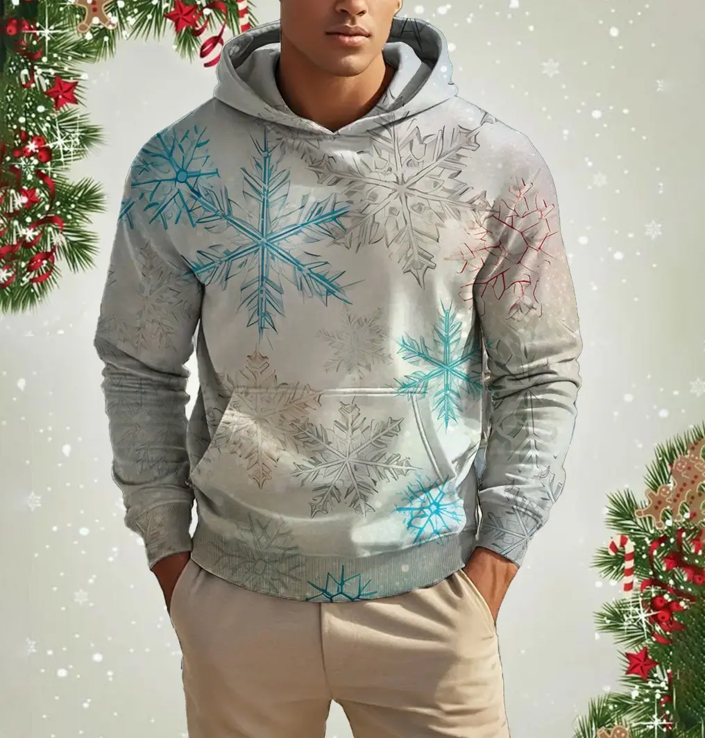 Fashion Hoodies For Men Christmas Snowflake Pattern 3D Printed Tops Autumn Winter Long Sleeved Oversized Christmas Theme Hooded