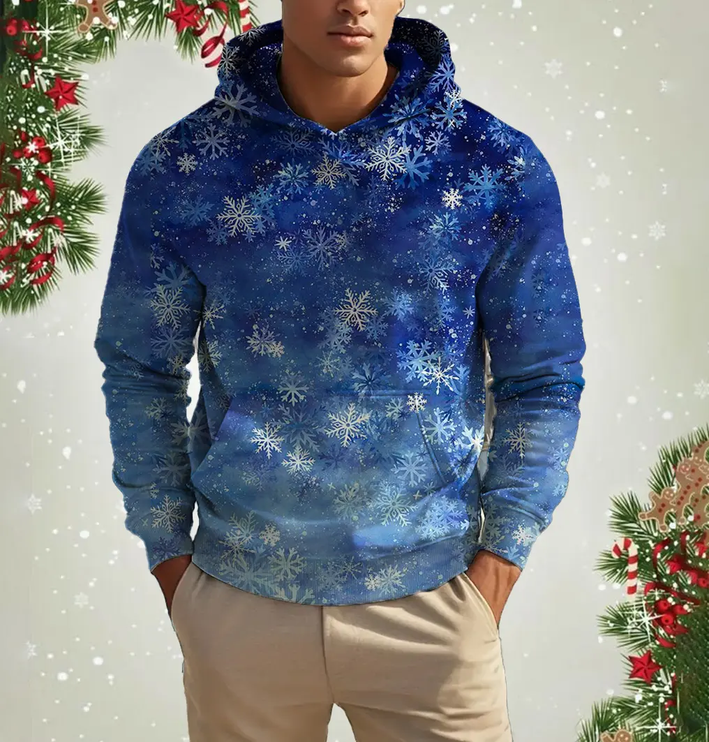 Fashion Hoodies For Men Christmas Snowflake Pattern 3D Printed Tops Autumn Winter Long Sleeved Oversized Christmas Theme Hooded