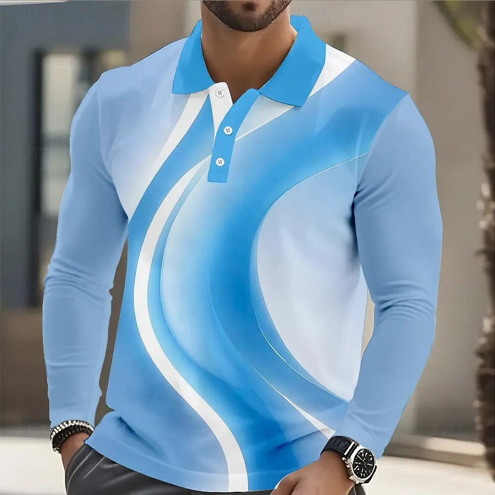 Fashion Men's Geometic Long Sleeve Polo Shirt Breathable Casual Bussiness Top Slim Fit Quick Dry Classic Collar Multi Colors