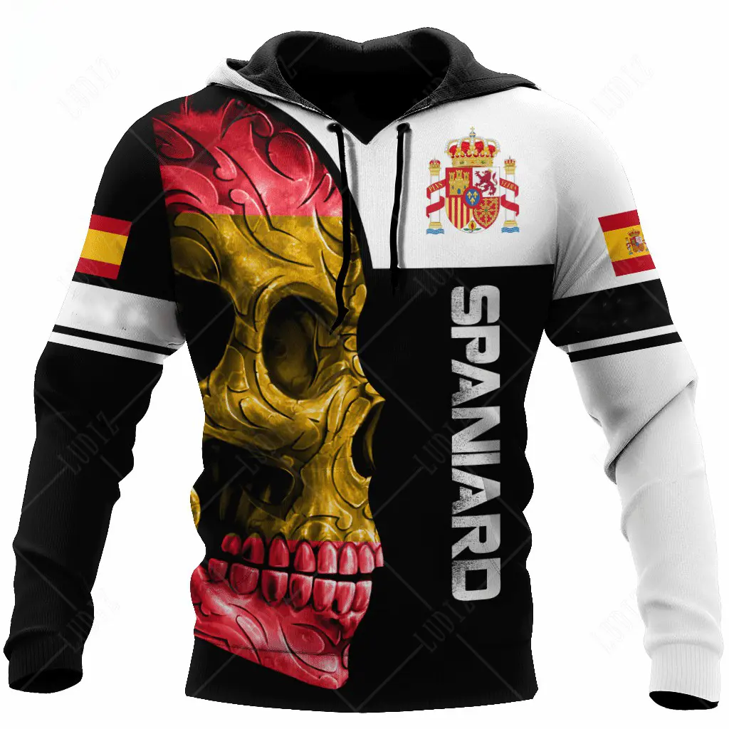 New Spanish Skull Hoodies Men's Hoodie 3D Print Spain Flag Tops Autumn Long Sleeve Streetwear  Hooded Hoodie For Men Clothing