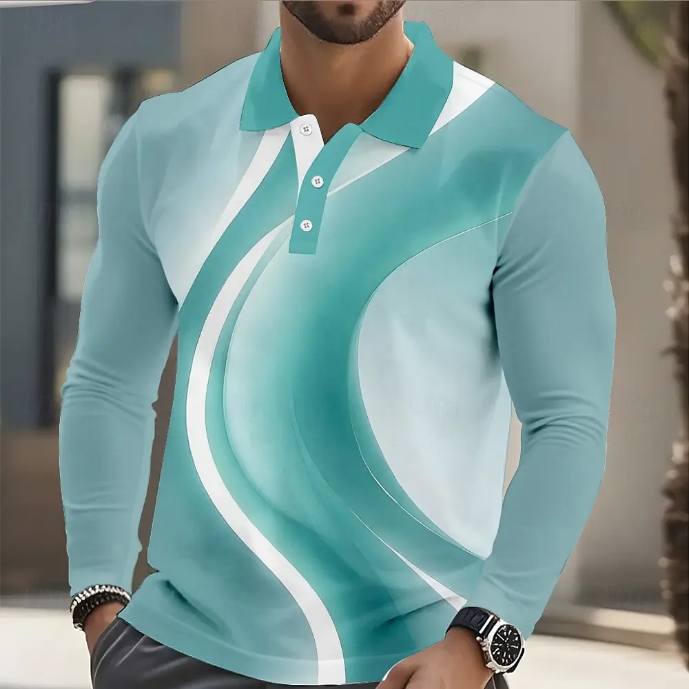 Fashion Men's Geometic Long Sleeve Polo Shirt Breathable Casual Bussiness Top Slim Fit Quick Dry Classic Collar Multi Colors