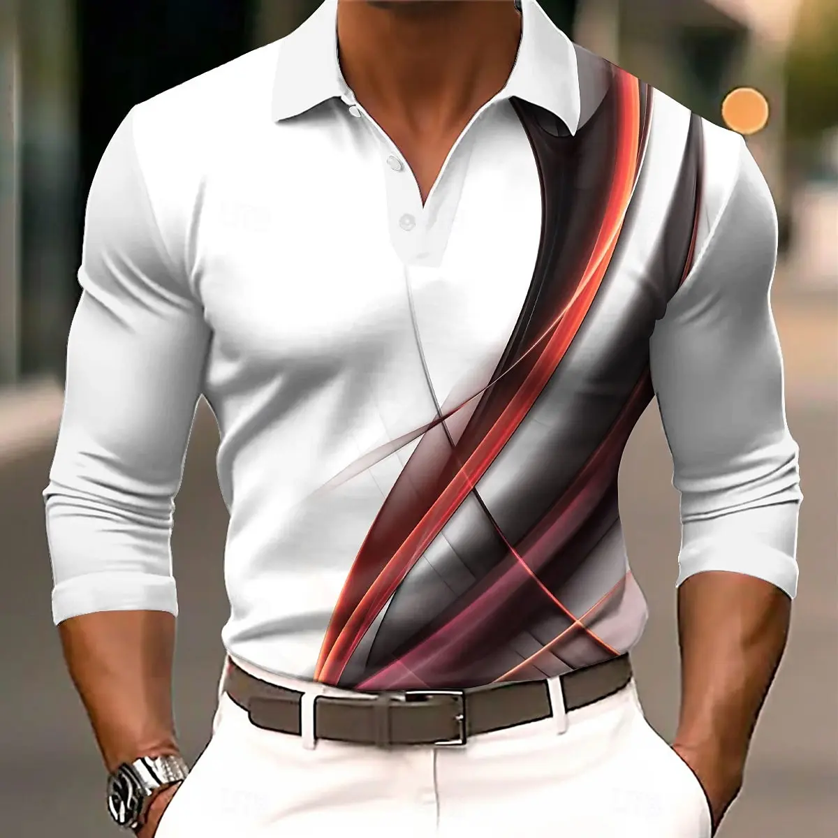 Men's Geometic Lines Long Sleeved Polo Shirts Breathable Casual Top Slim Fit Quick Dry Classic Collar Multi Color Simple Design