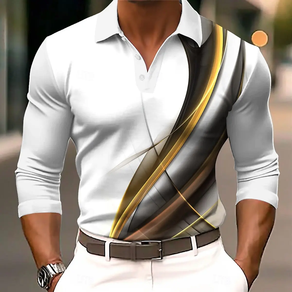 Men's Geometic Lines Long Sleeved Polo Shirts Breathable Casual Top Slim Fit Quick Dry Classic Collar Multi Color Simple Design