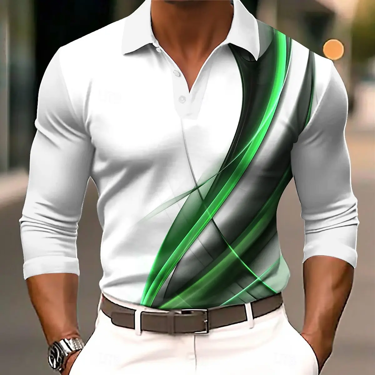 Men's Geometic Lines Long Sleeved Polo Shirts Breathable Casual Top Slim Fit Quick Dry Classic Collar Multi Color Simple Design
