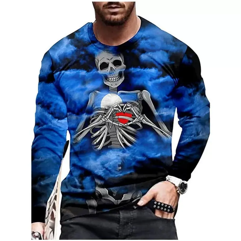 Grim Reaper Horror Gothic Men's T-Shirts Evil Style Halloween 3D Print Festival Tops Long Sleeve Casual Street Tee Big Size 6XL