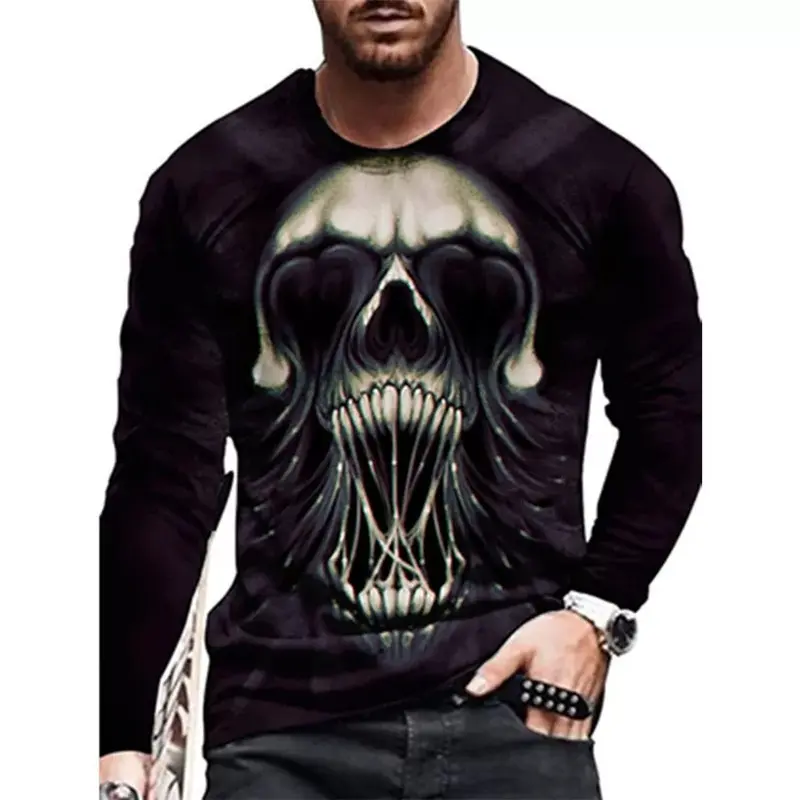 Grim Reaper Horror Gothic Men's T-Shirts Evil Style Halloween 3D Print Festival Tops Long Sleeve Casual Street Tee Big Size 6XL