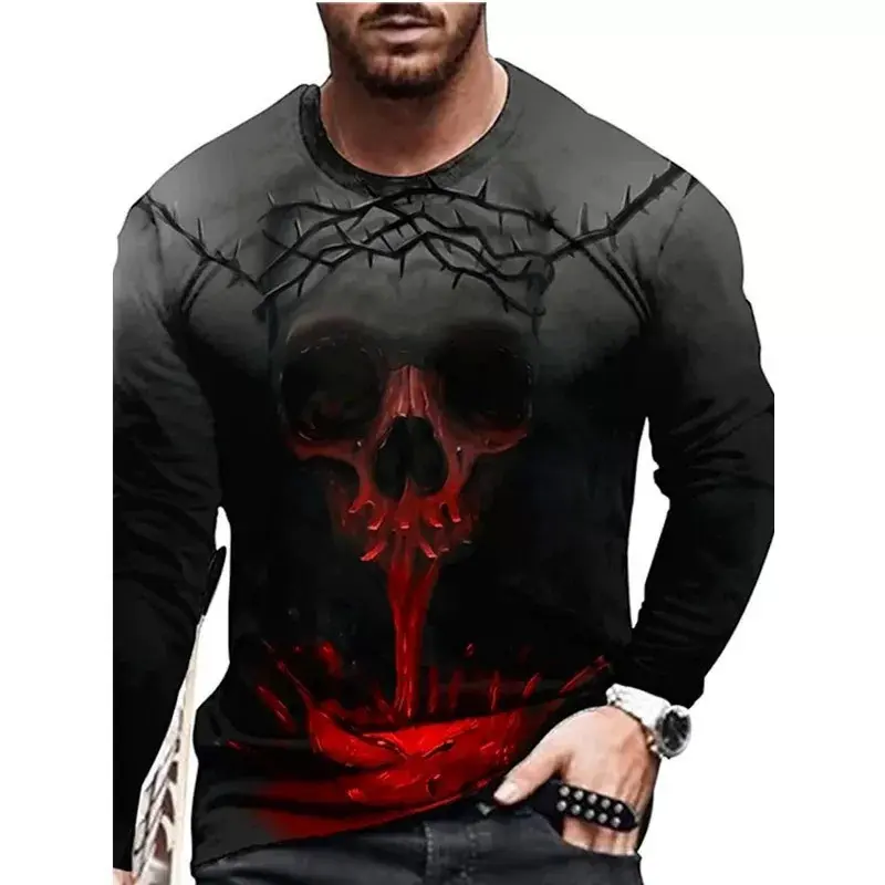 Grim Reaper Horror Gothic Men's T-Shirts Evil Style Halloween 3D Print Festival Tops Long Sleeve Casual Street Tee Big Size 6XL