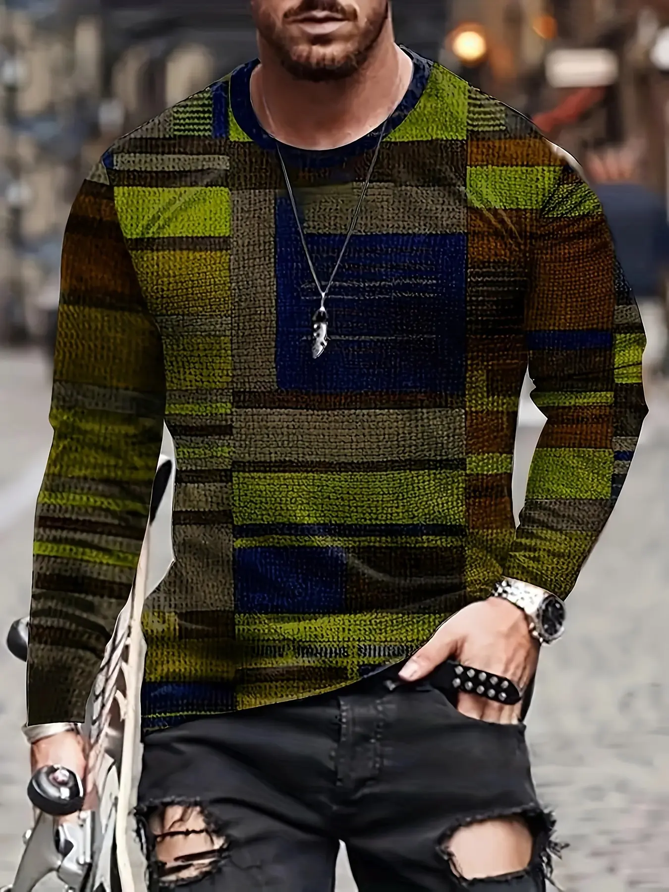 Men's Colorful Irregular Plaid Pattern Round Neck Long-sleeved T-shirt Spring And Autumn Outdoor Sports Tops
