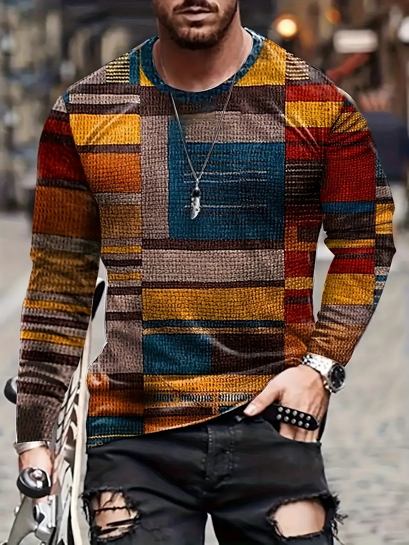 Men's Colorful Irregular Plaid Pattern Round Neck Long-sleeved T-shirt Spring And Autumn Outdoor Sports Tops