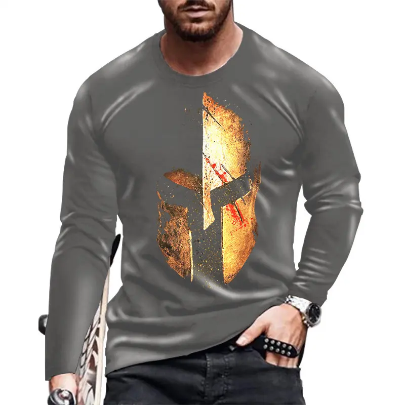 Retro Spartan Helmet 3d Print Summer Men's Round Neck T-shirt Casual Long Sleeve T-Shirt Oversized Pullover Fashion Men Clothing
