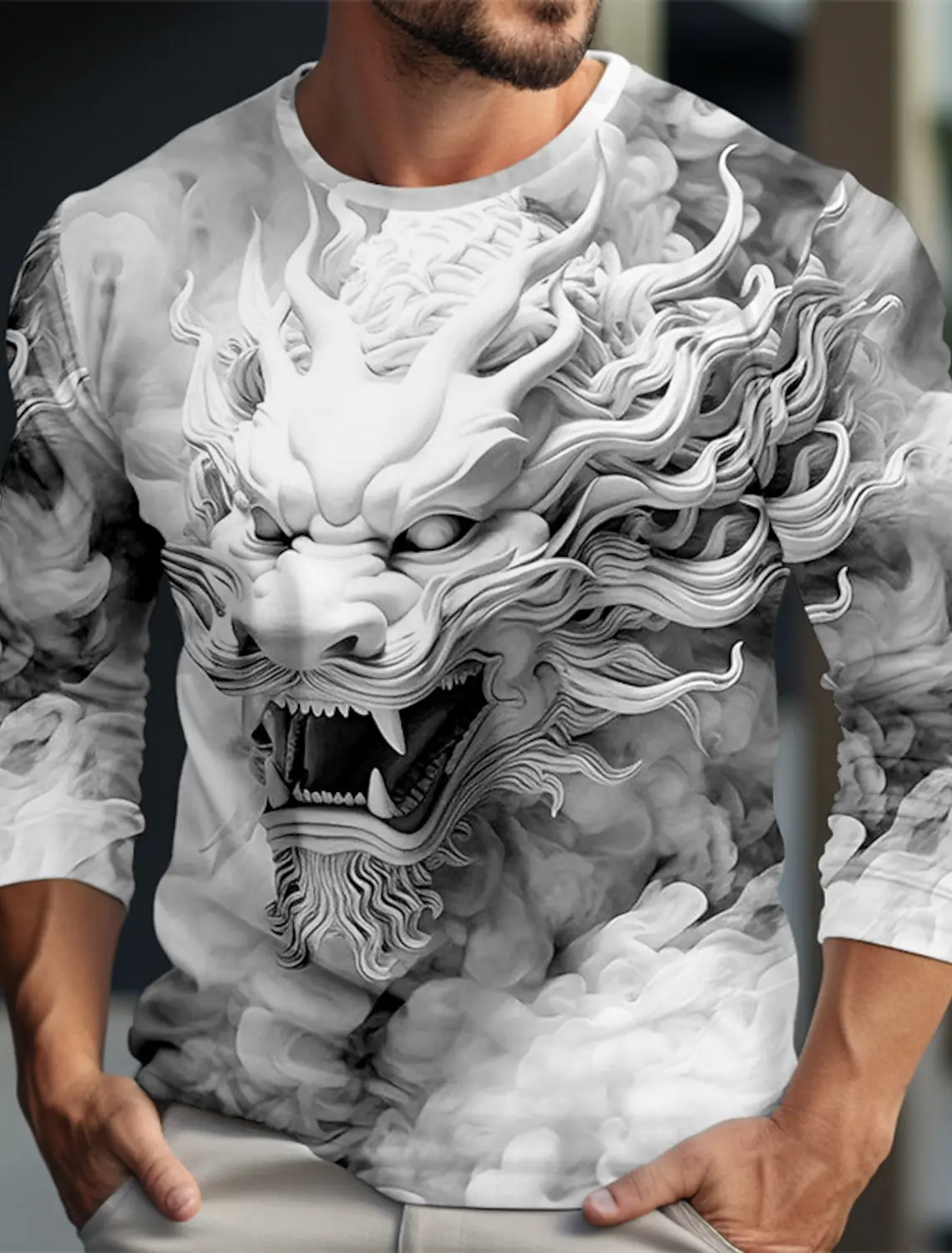 Dragon Pattern Casual Men's 3D Printed Outdoor Resort Burgundy Blue Green Long Sleeve Round Neck Spring Summer Clothing