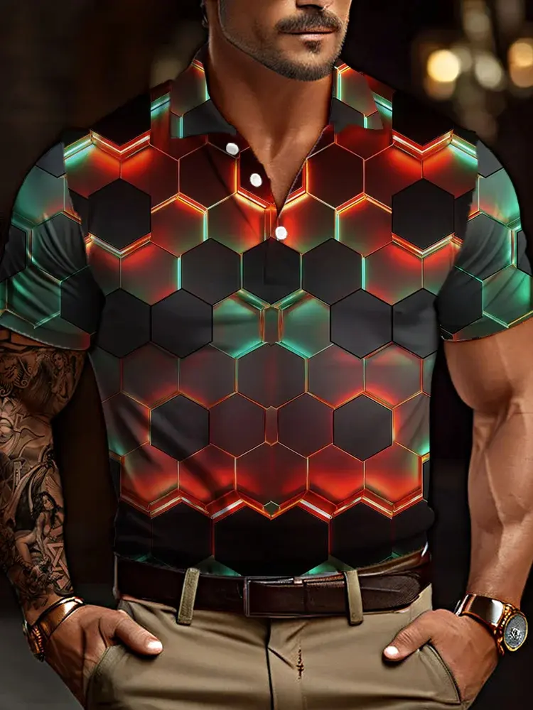 Summer Block geometry Graphic Men's Polo shirts 3d Printed Men's Clothing Casual Short Sleeve Loose Oversize Shirts Senior Tops