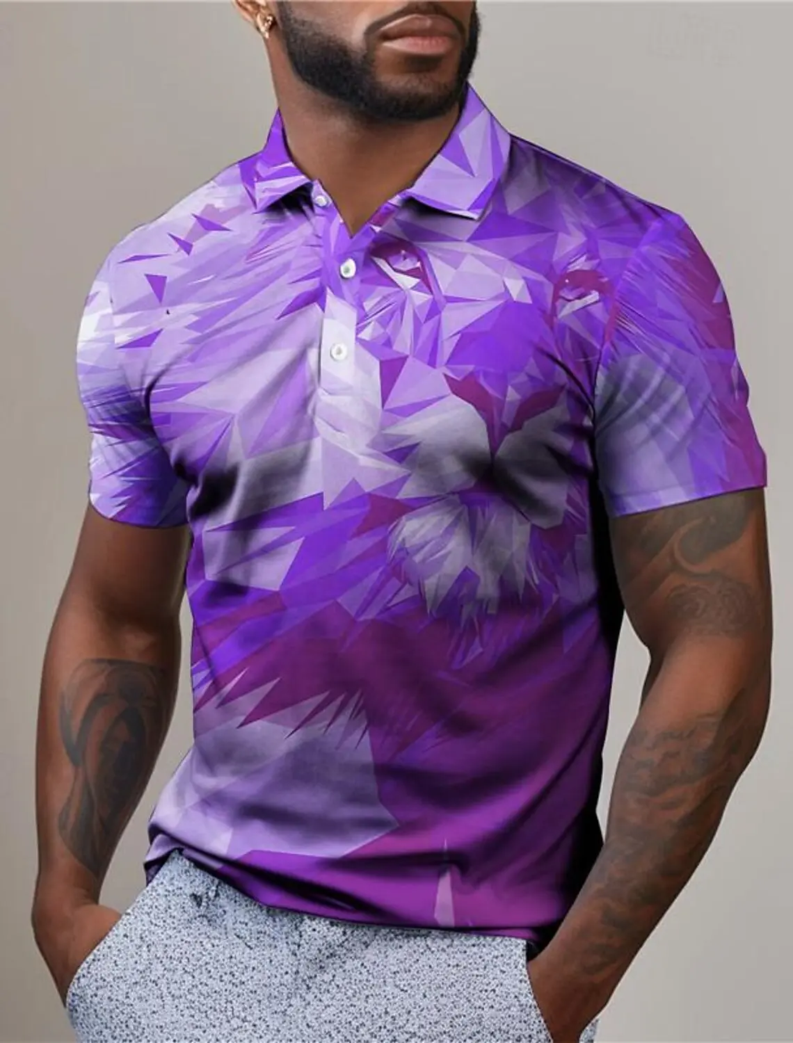 Lion Graphics Men's Fashion Casual Polo Shirt Golf Polo Shirt Short Sleeve Turndown Polo Shirts Summer Mesh Fabric Lapel Polo